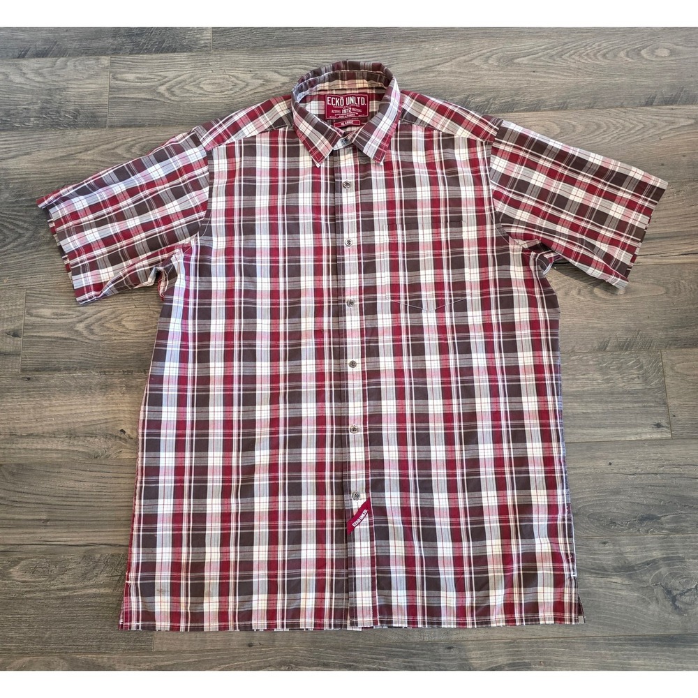 Men's XL Ecko Unltd Short Sleeve Button Down Shirt Plaid Red Brown Streetwear